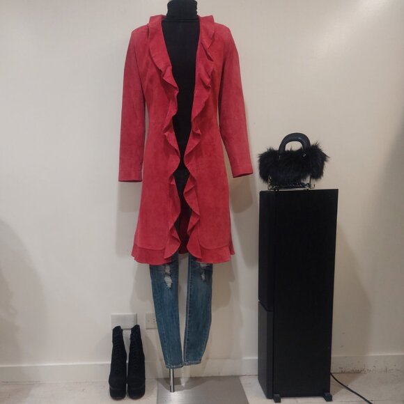 💋STUNNING BOHO CHIC💋Vintage Genuine Suede Ruffled Trench Coat in Rose Red - Picture 6 of 11